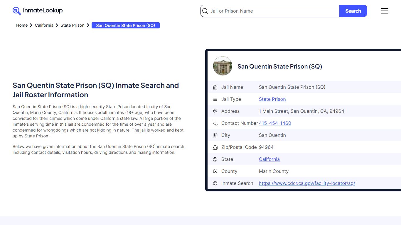 San Quentin State Prison (SQ) Inmate Search, Jail Roster, Bookings ...