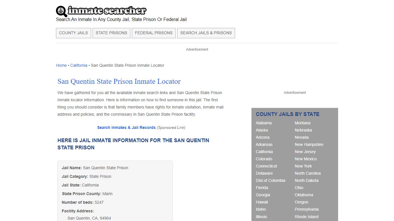 San Quentin State Prison Inmate Locator - Inmate Searcher