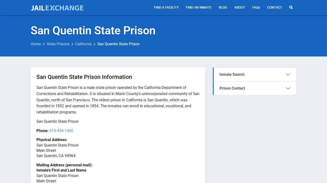 San Quentin State Prison Inmate Search, CA - Jail Exchange